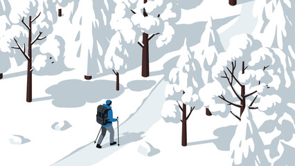 Winter hiking adventure in snowy forest landscape with lone trekker