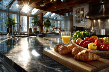Croissants and fruit on kitchen counter in sunlit kitchen