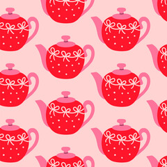 Seamless Valentine pattern with red teapots decorated with white bows and dots, pink handles, and lids on a soft pastel background, perfect for cozy tea-themed wrapping paper, fabric, kitchen decor.
