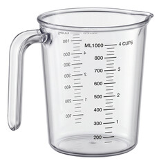Clear plastic measuring cup for mixing and measuring liquids in home baking.