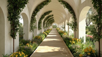 Fototapeta premium Serene Garden Walkway with Lush Greenery and Vibrant Flowering Plants