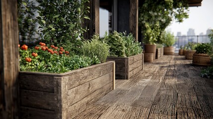 Lush Urban Garden with Wooden Planters and Vibrant Vegetables on a Sunlit Terrace