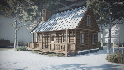 A photorealistic, high-resolution image of a snowy cabin in the woods.