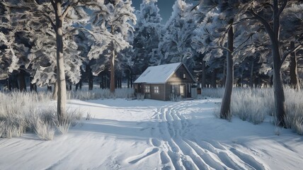 A photorealistic, 4K image of a snowy cabin in the woods with perfect lighting.