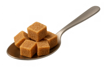 Brown sugar cubes filling a metal spoon, adding a sweet ingredient to beverages, transparent background