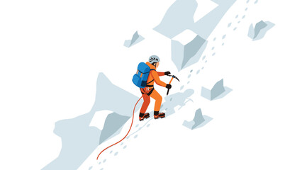 Climber ascending snowy mountain slope with ice axe in minimalist style