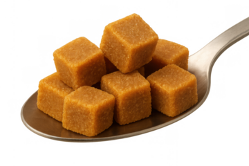 Brown sugar cubes heaped on a spoon, representing a natural, unrefined, and healthier sweetener option for various recipes. Transparent background
