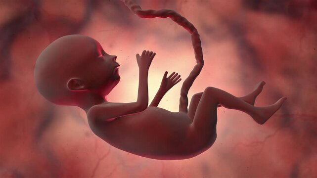 Human Fetus Development and Embryo with Umbilical Cord in the Womb