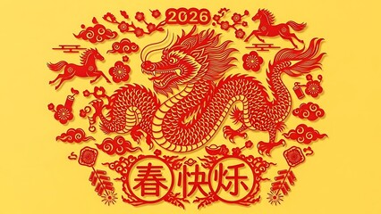 Red Dragon and Horses Chinese New Year 2026 Paper Cut Design