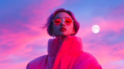 Anime girl portrait in red glasses with full moon and clouds dusk background