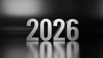 3D Rendering of the Year 2026 in Metallic Silver on a Reflective Surface