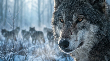 Close-up of an alpha wolf leading its pack in a snowy landscape