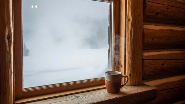 Cozy Cabin Window View With Steaming Mug On A Snowy Day.