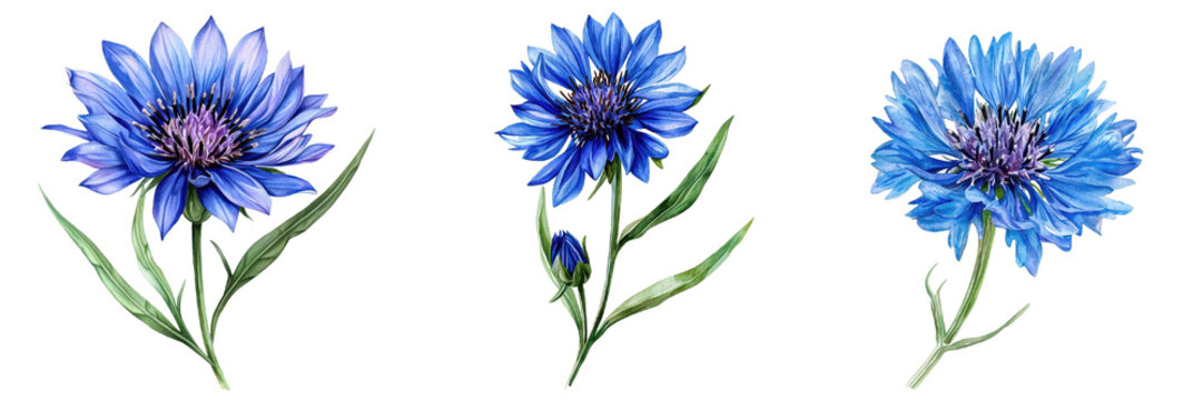 Three vibrant blue cornflower illustrations with green leaves, showcasing delicate watercolor artistry