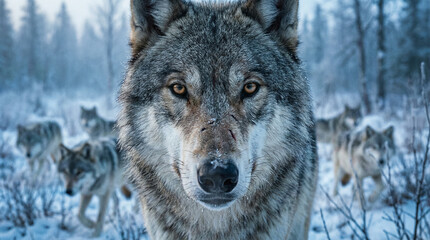 Obraz premium Close-up of an alpha wolf leading its pack in a snowy landscape