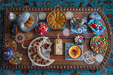 Ramadan Background Concept, Ramadan Iftar Table, Traditional Foods of Turkish People Ramadan Feast Celebrations,  &Uuml;sk&uuml;dar Istanbul, Turkiye (Turkey)