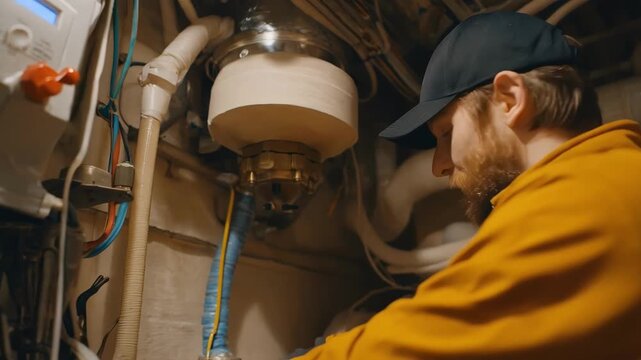 Medium shot of a worker adjusting heat settings inside a hotel closet chamber to eradicate bed bugs highlighting precise temperature control in commercial pest management.