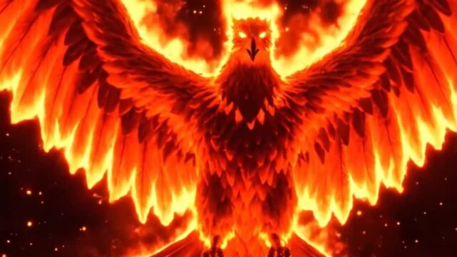 Fiery phoenix rises wings ablaze in glory