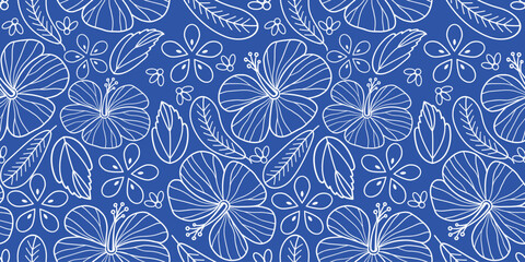 Hibiscus print. Botanical Seamless pattern. Exotic Hibiscus pattern. Motif for Hawaiian shirt, Aloha shirt in summer. Beautiful white floral, leaf patterns blue background. hand drawn hibiscus flower. © Choltita