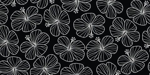 Hibiscus pattern. Botanical Seamless pattern. Exotic Hibiscus. Motif for Hawaiian shirt, Aloha shirt in summer. Beautiful floral patterns Monochrome background. hand hibiscus drawn flower. © Choltita
