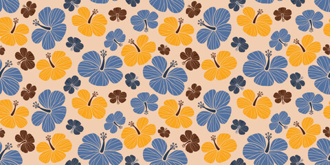 Hibiscus pattern. Botanical Seamless pattern. Exotic Hibiscus. Motif Hawaiian shirt, Aloha shirt summer. Blue, Yellow floral, leaf patterns, background. hand drawn hibiscus flower.Colorful fashion © Choltita