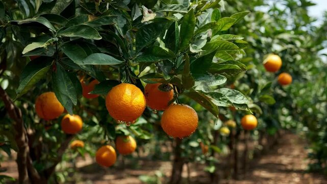 Orange trees thriving in a droughtresilient orchard demonstrating successful climate adaptation through selective breeding and sustainable farming techniques.