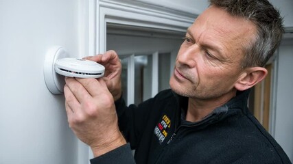 Electrician fits advanced smoke and gas hazard detector near kitchen area of a family residence focusing on early warning safety installation.