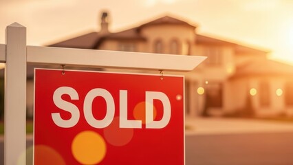 Red sold sign with the word sold in front of a blurry house at sunset. Real estate concept for buying or selling property.