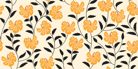 Hibiscus pattern. Botanical Seamless pattern. Exotic Hibiscus. Motif Hawaiian shirt, Aloha shirt summer. Beautiful Yellow floral, leaf patterns, background. hand drawn hibiscus flower.Colorful fashion © Choltita