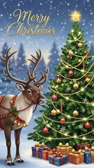 Reindeer and Decorated Christmas Tree in Snowy Forest