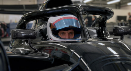 Fototapeta premium A fast racing car stands in the pitlane garage before the race