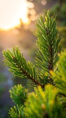Sunlit pine needles gleam, green against the bokeh background, showcasing nature's intricate detail