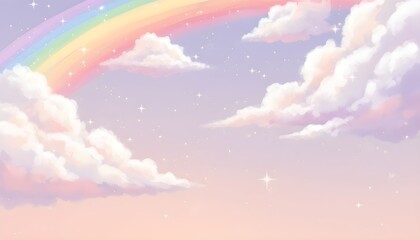 A vibrant rainbow arching across a serene sky with fluffy white clouds