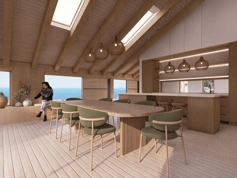 Interior moderno y luminoso de estilo n&oacute;rdico: sala-comedor integrada, tonos neutros, madera clara, mobiliario minimalista y luz natural que genera un ambiente c&aacute;lido y funcional.
