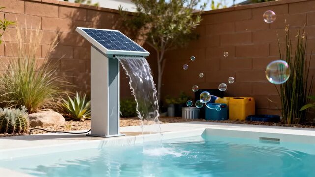 Medium shot capturing a solarpowered bubbler emitting gentle water bubbles in a modern backyard showcasing sustainable design.