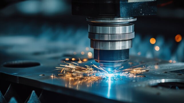 Industrial laser cutting machine processing metal sheet with sparks flying in manufacturing workshop - Powered by Adobe