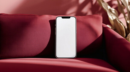 Mockup image of smartphone resting against burgundy sofa. Mobile phone with white screen template.