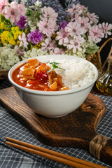 Delicious chicken in sweet and sour sauce.