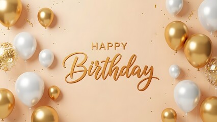 Happy birthday celebration with gold and white balloons