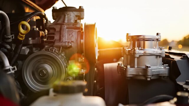 A close-up of a car engine showcases the intricate components as sunlight reflects off the metallic surfaces. The engine parts like the pulley and the carburetor shine brightly in the warm light.