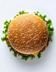 Burger's Culinary Close-up: An overhead view of a perfectly crafted burger, with a golden sesame bun, fresh lettuce, and a slice of cheese.