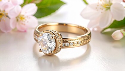 Elegant Promise: A captivating diamond ring sparkles amidst delicate blossoms, embodying timeless romance and commitment.