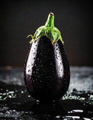 Dark Aubergine on Wet Surface: A fresh, deep-purple aubergine, glistening with droplets, rests on a dark, wet surface, creating a stark contrast and inviting visual texture.
