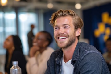 attractive Dutch tech male worker in open space office or coworking space wearing casual clothes, laughing with colleagues, candid collaboration moment