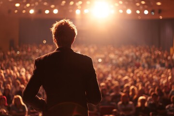 public motivational speaker, stand up comedian on stage view towards audience, from behind. Performance show in progress.