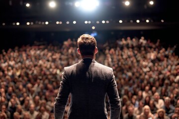 public motivational speaker, stand up comedian on stage view towards audience, from behind. Performance show in progress.