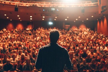 public motivational speaker, stand up comedian on stage view towards audience, from behind. Performance show in progress.