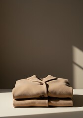 Folded clothing stack presented against neutral backdrop for product display