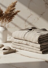Folded linen clothing and accessories on marble surface with floral decor