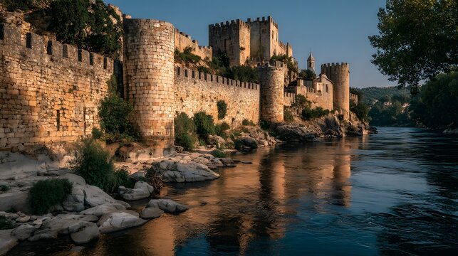 Ancient stone fortress walls stretch along a riverbank with golden hour sunlight hitting the stonework highlighting historical architecture.
